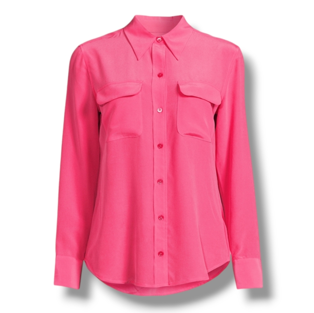 EQUIPMENT Bright Pink Silk "Signature" Fitted Long Sleeved Blouse